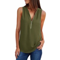 Green Zip Neckline Sleeveless Shirt Tank